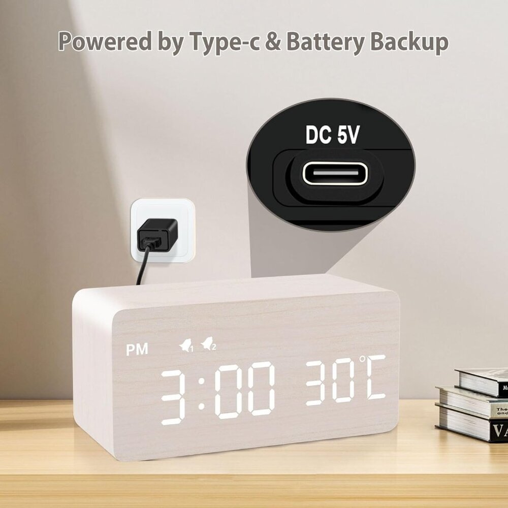 Digital Wooden Alarm Clock with Wireless Charging, 0-100% Dimmer, Dual Alarm, We - Picture 6 of 8